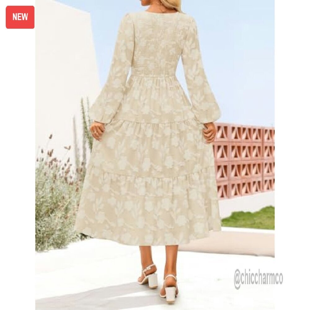 Boho Floral Midi Dress Long Sleeve Crewneck Flow Wedding Guest - Picture 5 of 8